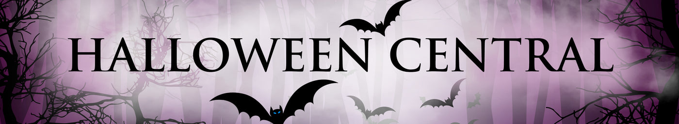 Halloween Central banner with bats and a purple gradient background