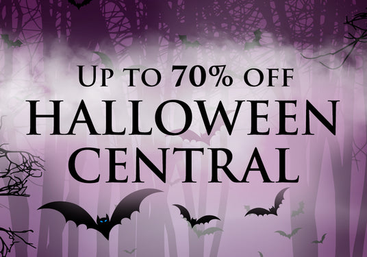 Purple forest background with flying bats and bold “Up to 70% off Halloween Central” text.