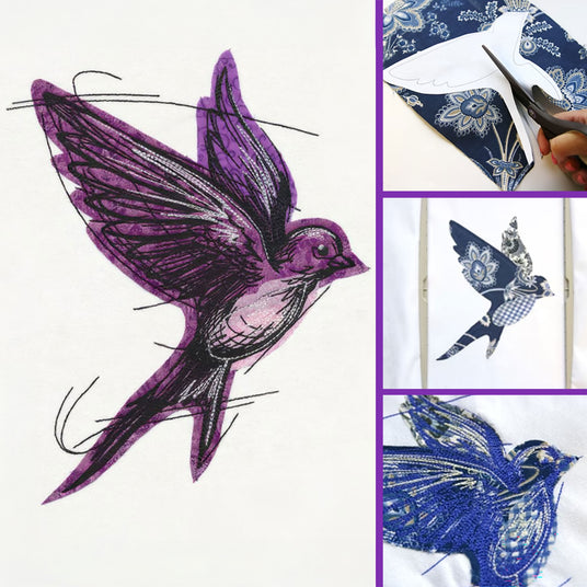 Collage showing a bird-shaped fabric patch or applique design: a large purple fabric applique of a flying bird on the left, and three smaller panels on the right showing a hand cutting a matching fabric shape, the cut piece, and a finished blue-and-white bird patch.