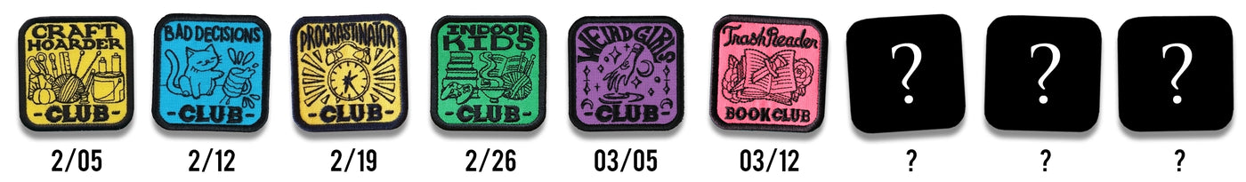 Machine embroidery in-the-hoop patches with promotional dates and boxes with question marks.