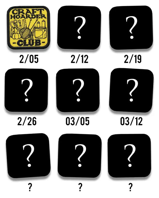 Machine embroidery craft hoarder club patch with placeholder icons with question marks and dates