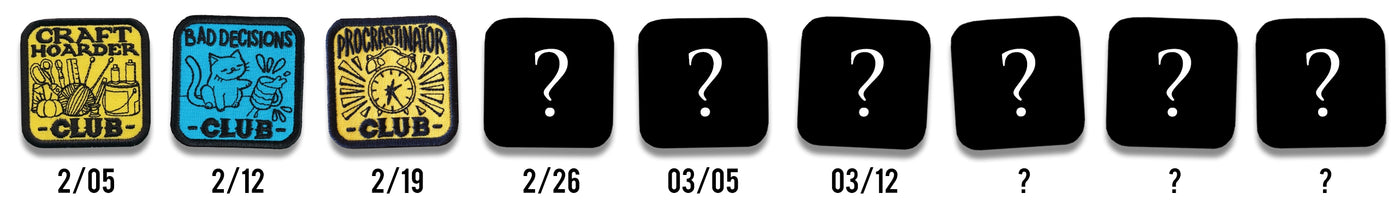 Set of machine embroidery in-the-hoop patches with promotional dates and question marks by black squares