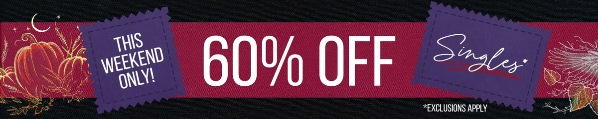 Promotional banner with a large central magenta band reading '60% OFF' in white text, flanked by purple stamp-like badges that say 'THIS WEEKEND ONLY!' and 'Singles', with decorative autumn floral and pumpkin imagery on a black background.