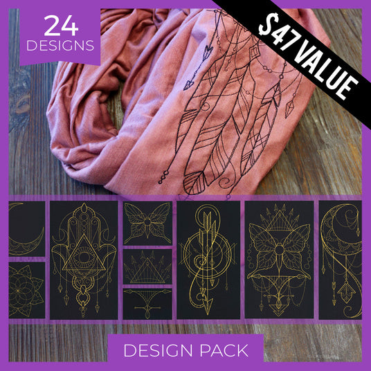 Design pack with machine embroidery Talisman designs on scarf and other designs from pack, featuring 24 designs and a $47 value.