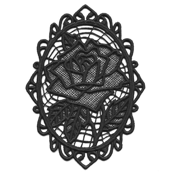 Black oval lace patch with detailed rose, available as a digital machine embroidery design download.