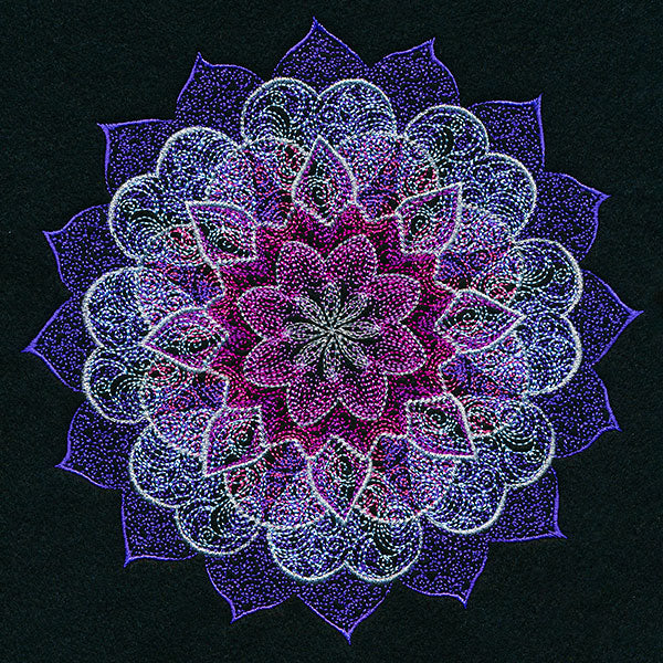 Mandala embroidery design in vivid purple, pink, and white on black; digital machine embroidery download.