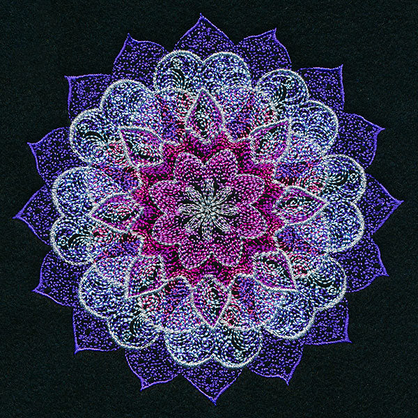 Symmetrical floral mandala embroidery in purple, pink, and white dots; digitally downloadable machine embroidery design.