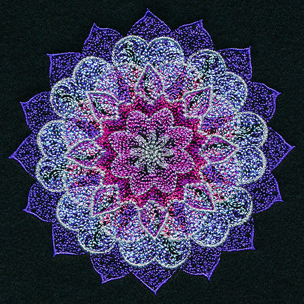 Embroidered mandala design with purple, pink, and white textured stitches on a black background, shown as a digital file.