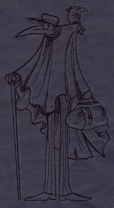 Digitally downloadable machine embroidery design of a plague doctor in line art, holding a staff with a bird perched on top.