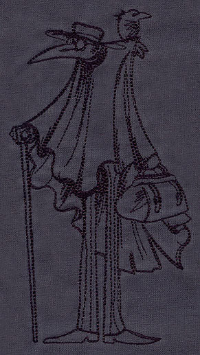Digitally downloadable machine embroidery design of a plague doctor with beaked mask, long robe, staff, and bag.