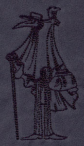 Embroidery design shows black line art of a robed figure holding a staff, with a bird perched on its raised arm.