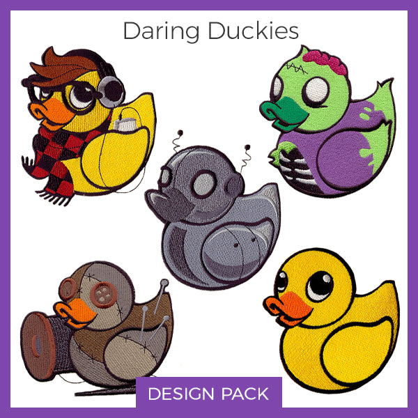 Five embroidered duck patches: one with headphones, one zombie, one robot, one steampunk, and one classic yellow duck design.