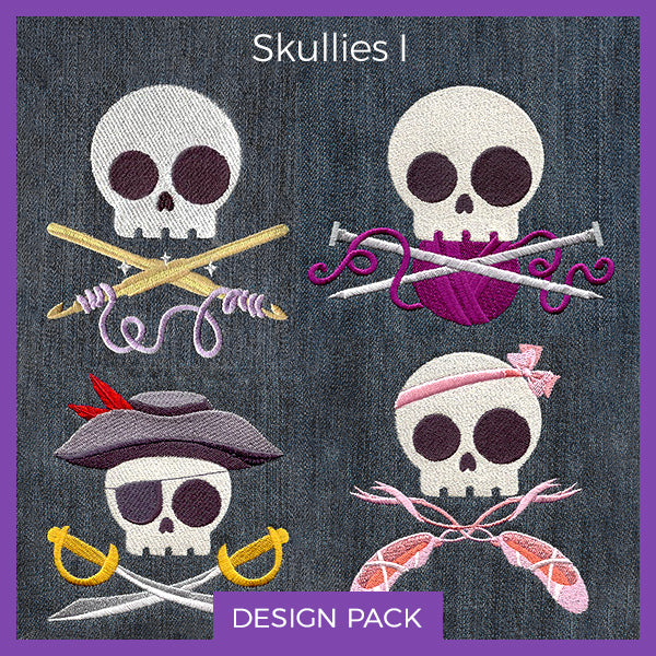 Four embroidered skull designs feature needles, swords, and feathers on denim; digitally downloadable Design Pack shown.