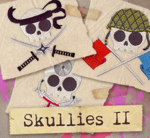 Three embroidered cartoon skulls—a pirate, a soldier, and a duelist—each wearing a hat, as part of a Design Pack.