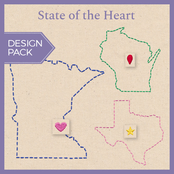Digitally downloadable machine embroidery Design Pack featuring outlined USA maps with heart, pin, and star icons on them.