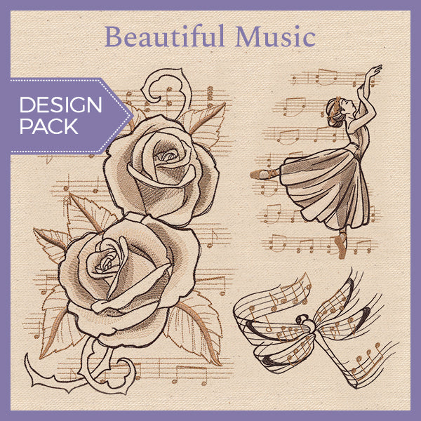 Embroidered outlines of roses, a dancer, and a dragonfly layered over musical notes in a digitally downloadable design.