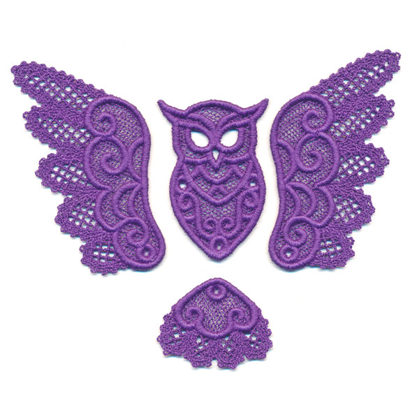 Purple freestanding lace embroidery design of an owl with separate wings and tail displayed on a white background.
