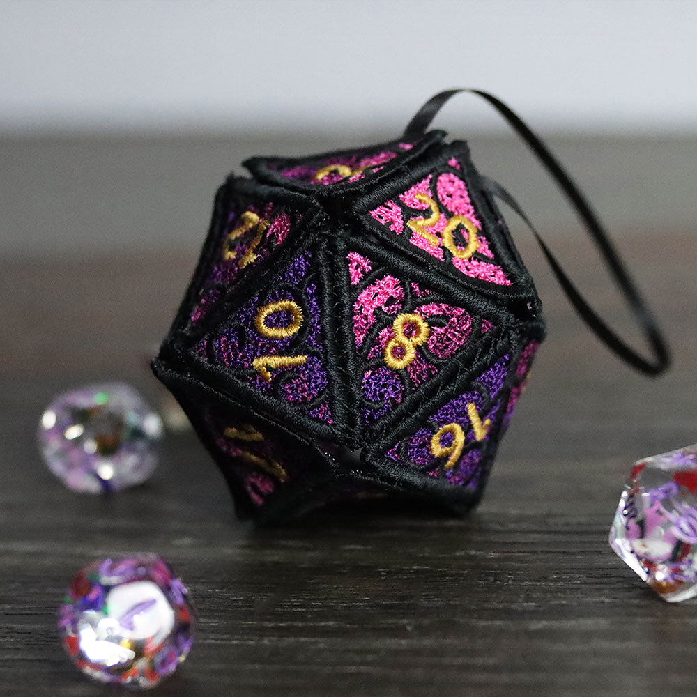 3D D20 ornament made with machine embroidery lace