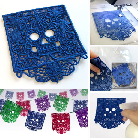 Freestanding lace embroidery design of a sugar skull bunting