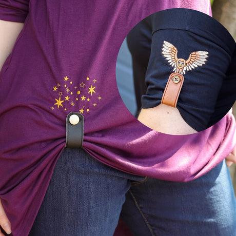 a shirt using a garment cinch machine embroidery design on both the sleeve and shirt hem