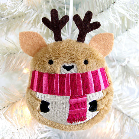 Completed Faux-Fur Ornament (In-the-Hoop) project, featuring Fluffy & Festive Reindeer (In-the-Hoop) design
