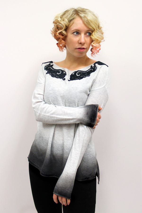 woman modeling a shirt featuring Chic Collar Accents embroidered lace decorations