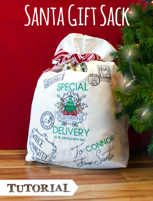 Santa Gift Sack Tutorial - finished project featuring North Pole Express designs