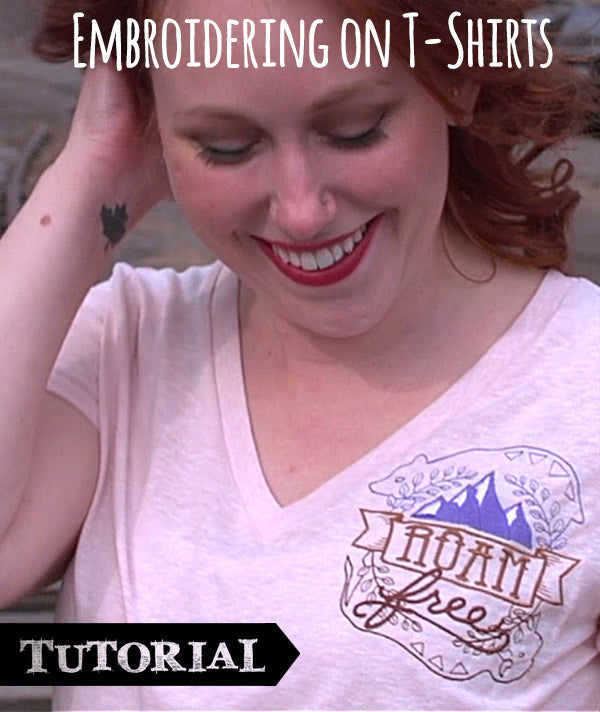 Embroidering on T-Shirts Tutorial: Woman sporting v-neck tee shirt featuring "Roam Free" design.