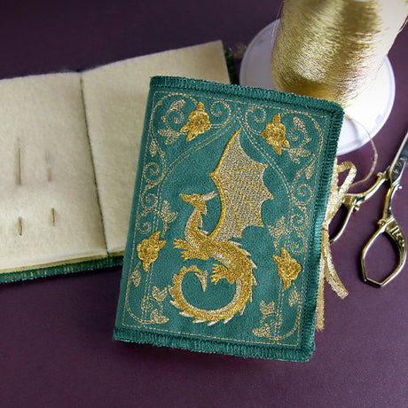 Completed In-the-Hoop Needle Book project, featuring Mythos of Dragons Filigree Needle Book (In-the-Hoop) design