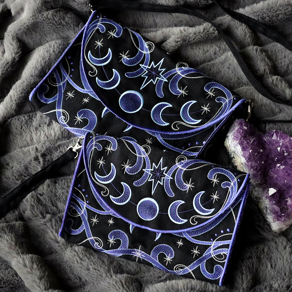 Machine embroidered 3D purses with a celestial vibe