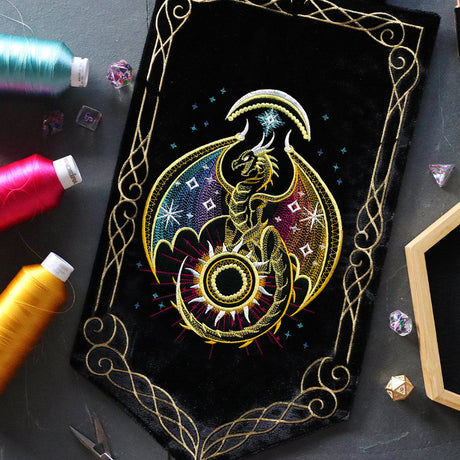 machine embroidered banner featuring a dragon and gold border designs