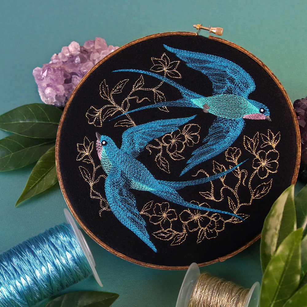 machine embroidery design of two swallows that uses metallic thread