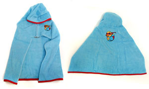 Completed Bath Towel Cape project, featuring Super Duckie design