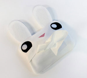 Completed tissue holder project, featuring Sneezy Bunny design