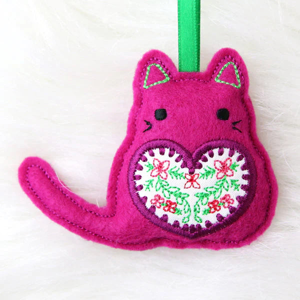machine embroidered cat stuffie