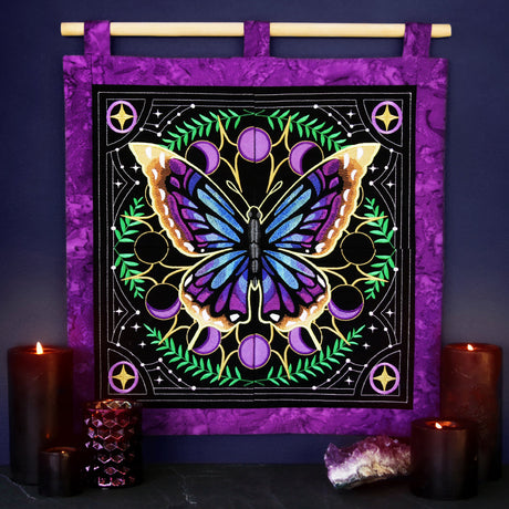 machine embroidered panel scene featuring a celestial butterfly