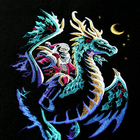 Santa Claus riding a dragon machine embroidery design