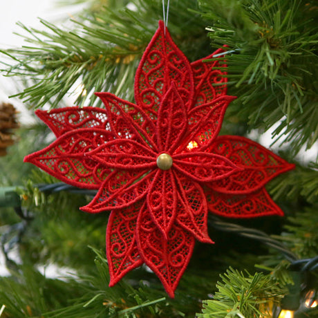 Lace poinsettia Christmas ornament machine embroidery design.