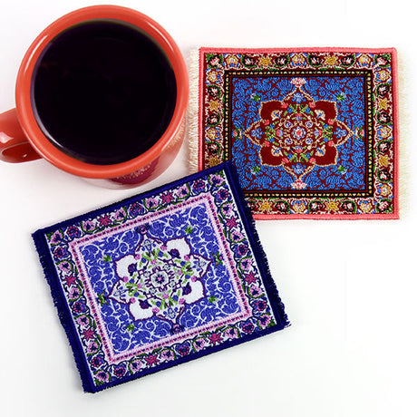 Mug rug embroidery designs that resemble oriental rugs.