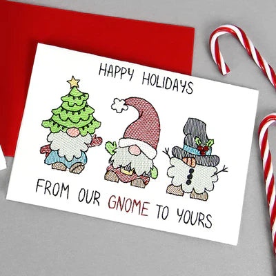 greeting card made from a machine embroidery design featuring three Christmas gnomes