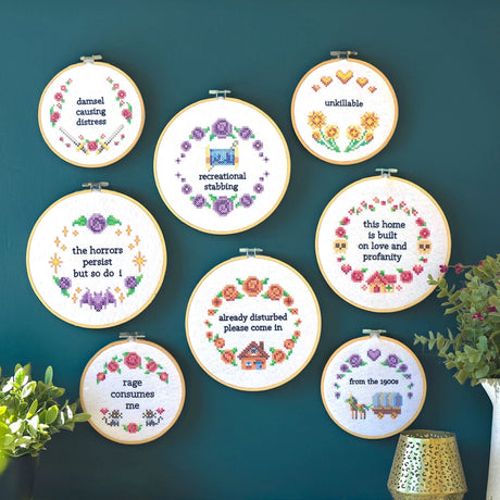 Sassy machine embroidery samplers shown in embroidery hoops