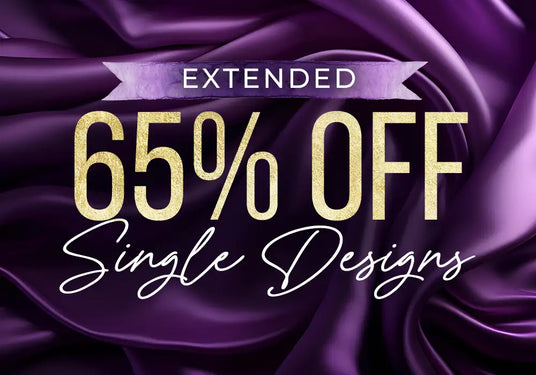 Promotional text for extended 65% off single designs on a purple satin background