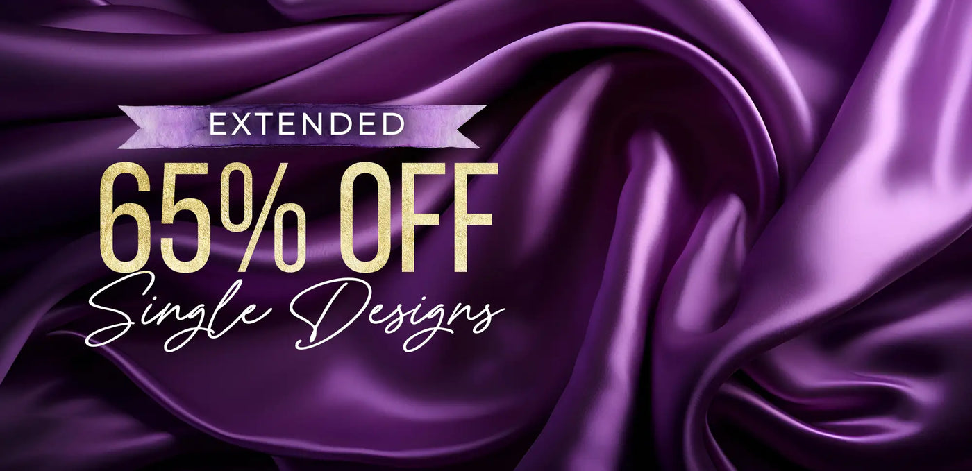 Promotional banner with extended 65% off single designs text on purple fabric background