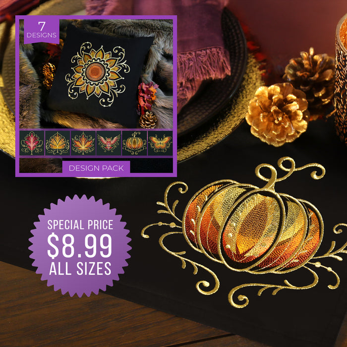 Embroidered pumpkin design in rich autumn colors stitched on a black table runner, surrounded by gold pinecones and fall decor. Inset features a 7-design embroidery pack with seasonal motifs including leaves, birds, and pumpkins, shown on a decorative pillow. Promotional badge reads “Special Price $8.99 All Sizes.”
