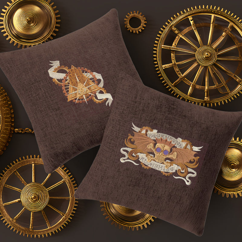 Two brown pillows with embroidered designs on a dark background with gold gears.