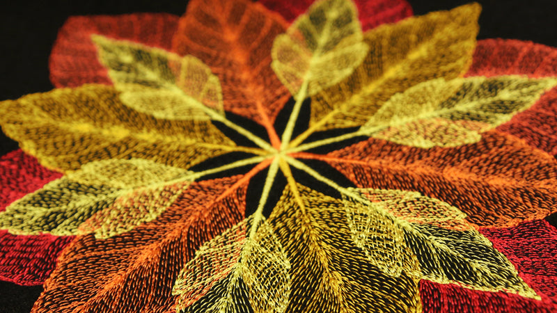 Close-up of a textured leaf pattern in red, orange, and yellow on a dark background.