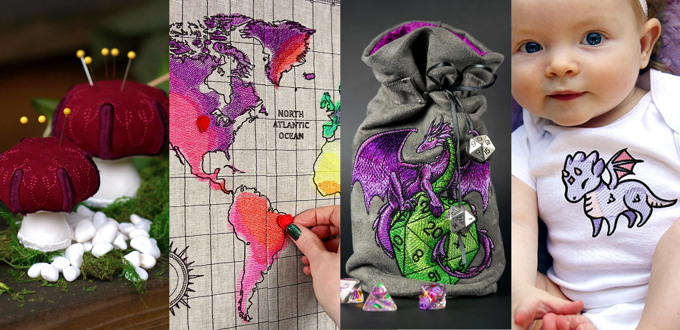 A collage of machine embroidered mushroom pin cushion, world map with pins, dragon with dice on drawstring bag, and cute dragon on baby top.