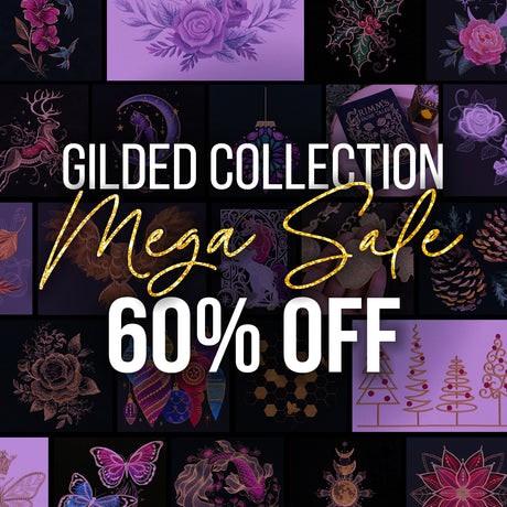 Collage of embroidery designs in purple, gold, and pink shades including flowers, animals, holiday motifs, and decorative patterns with text "Gilded Collection Mega Sale 60% Off.