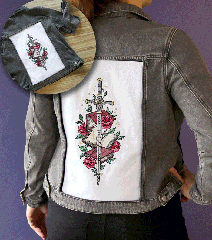 Denim jacket with interchanging machine embroidered designs on the back