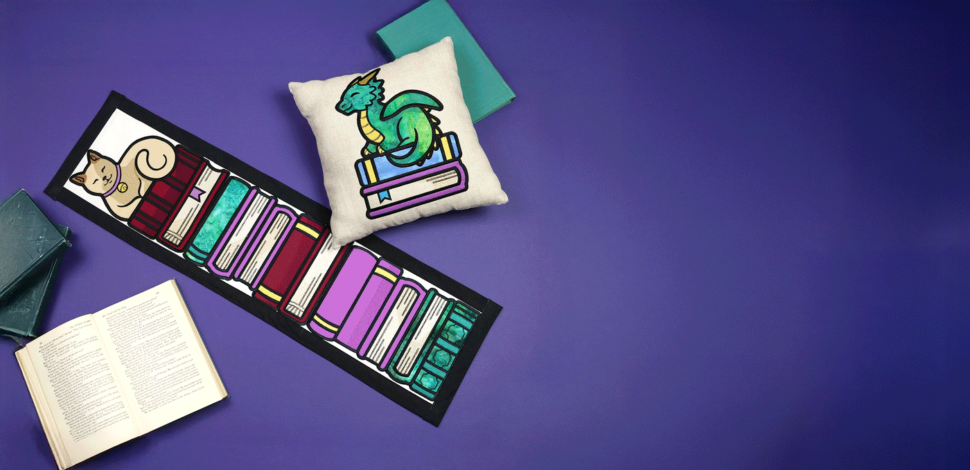 Interchanging machine embroidered bookstack wall hanging featuring a cat and dragon on books, then a owl and dragon on pillow on a purple background.